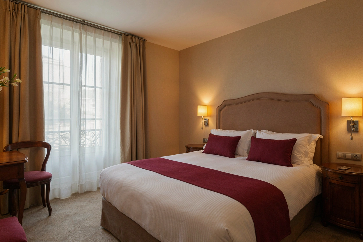 Chambre supérieure raffinée, coussins braise et appliques chaleureuses