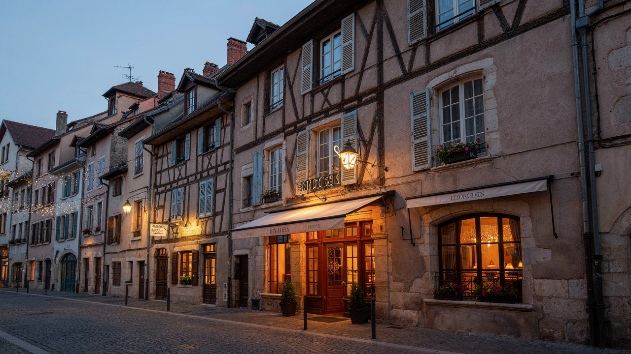 Façade de l'Hôtel Bristol illuminée au crépuscule, rue piétonne de Montbéliard
