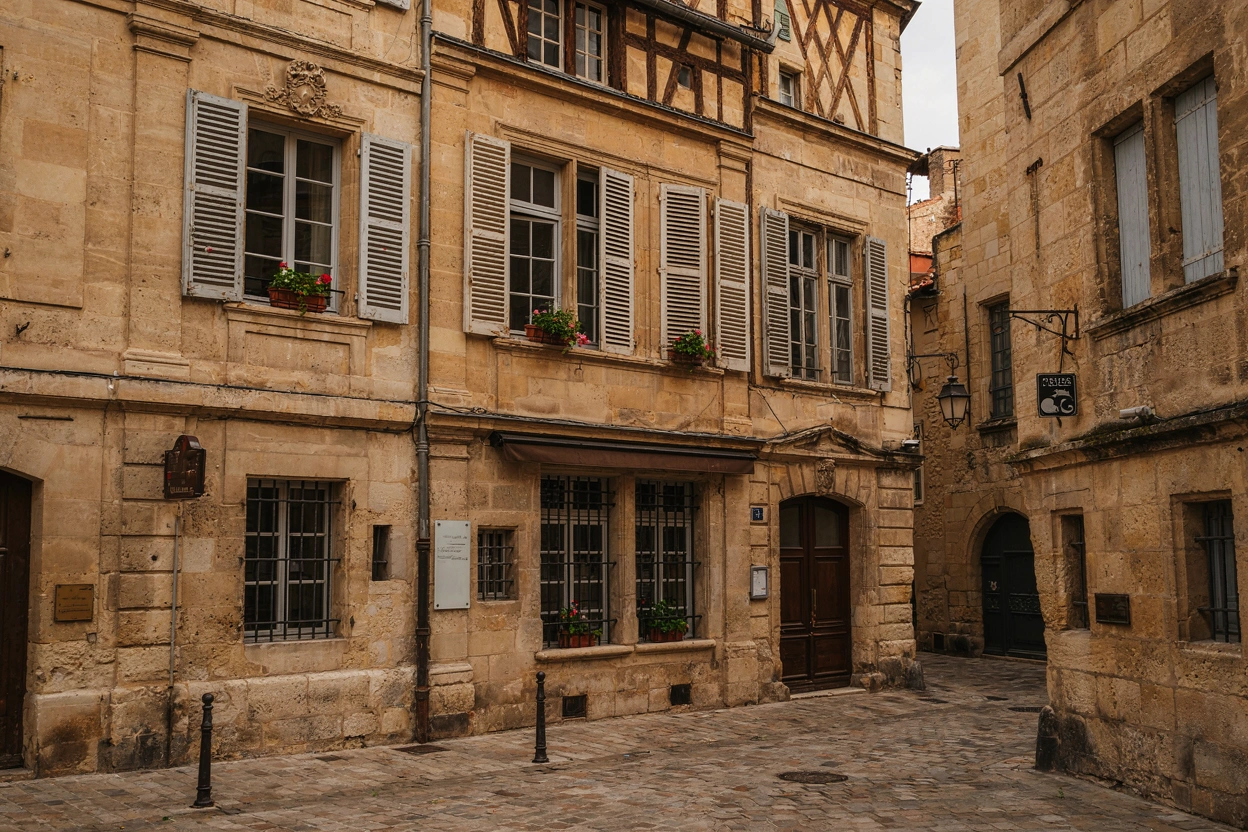 Façade historique de l'Hôtel Bristol en pierre et colombages, lumière dorée de fin d'après-midi