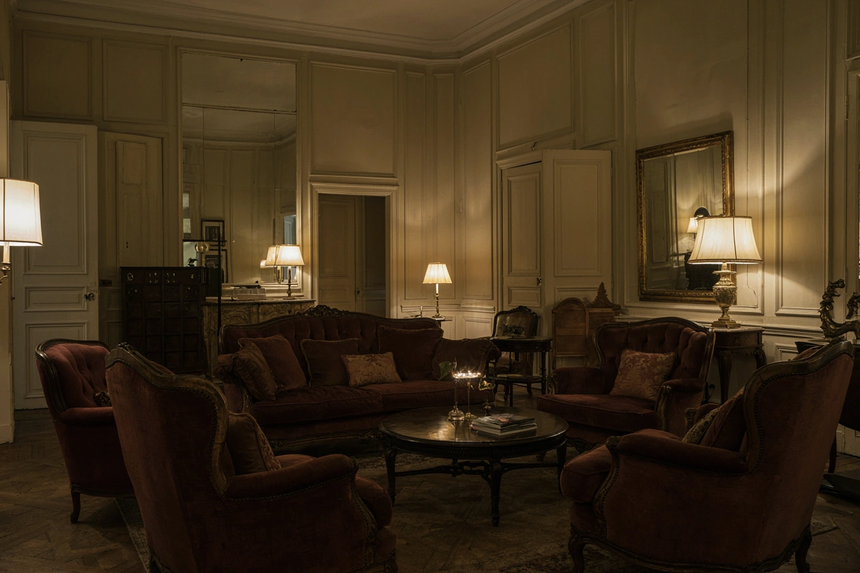 Salon feutré de l'Hôtel Bristol, fauteuils en veloux braise et lumière chaude