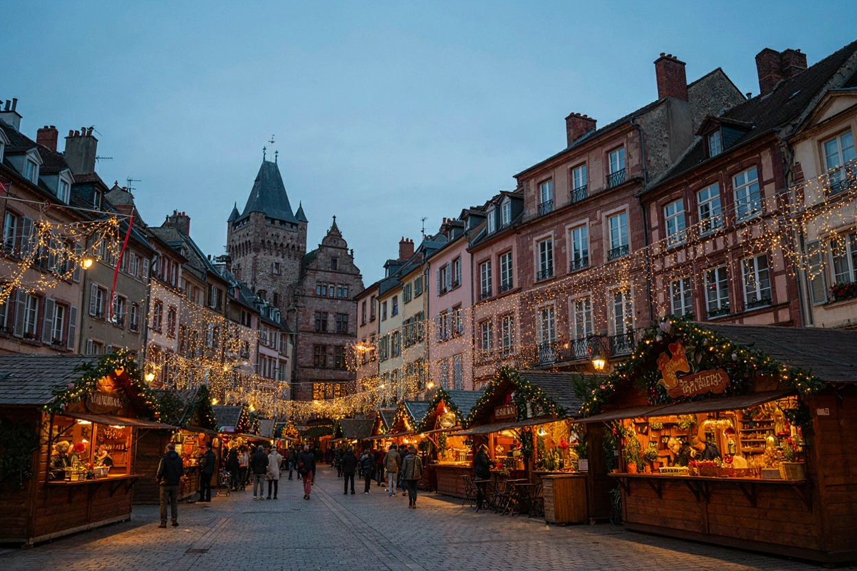 Marché de Noël illuminé sur une place du centre historique de Montbéliard