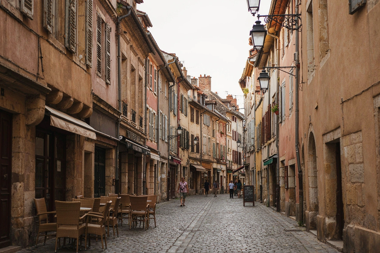 Rue piétonne du centre historique de Montbéliard, terrasses et façades colorées