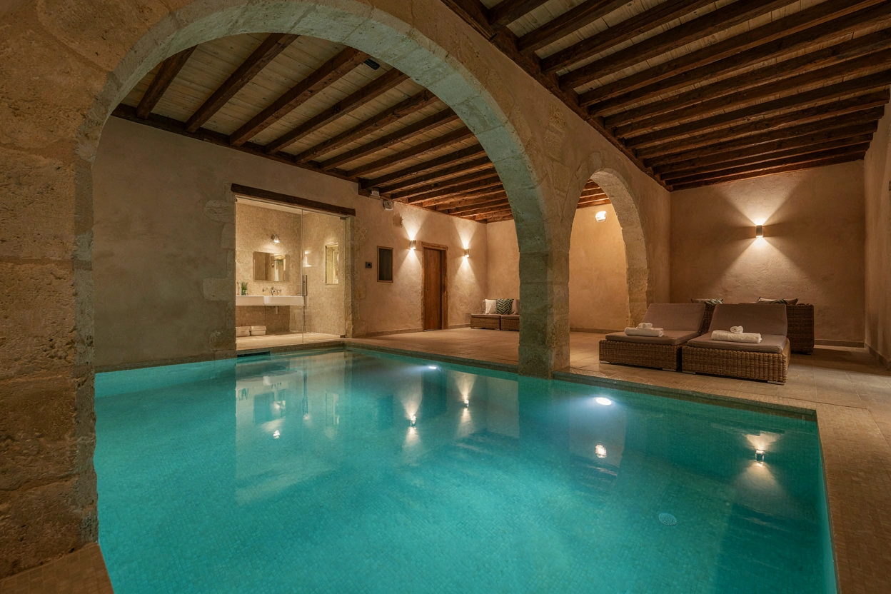 Piscine intérieure chauffée de l'hôtel, lumière chaude reflétant sur l'eau