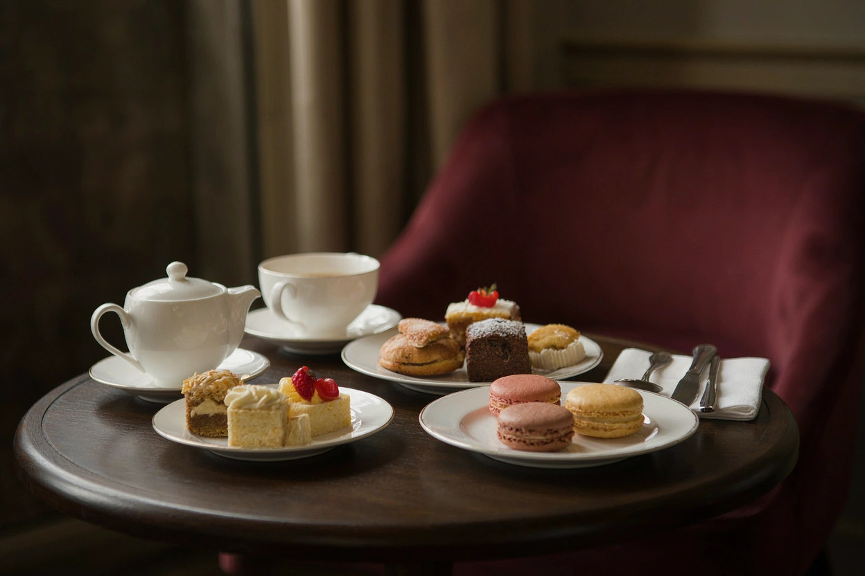 Théière en porcelaine, tasse fumante et pâtisseries au salon de thé